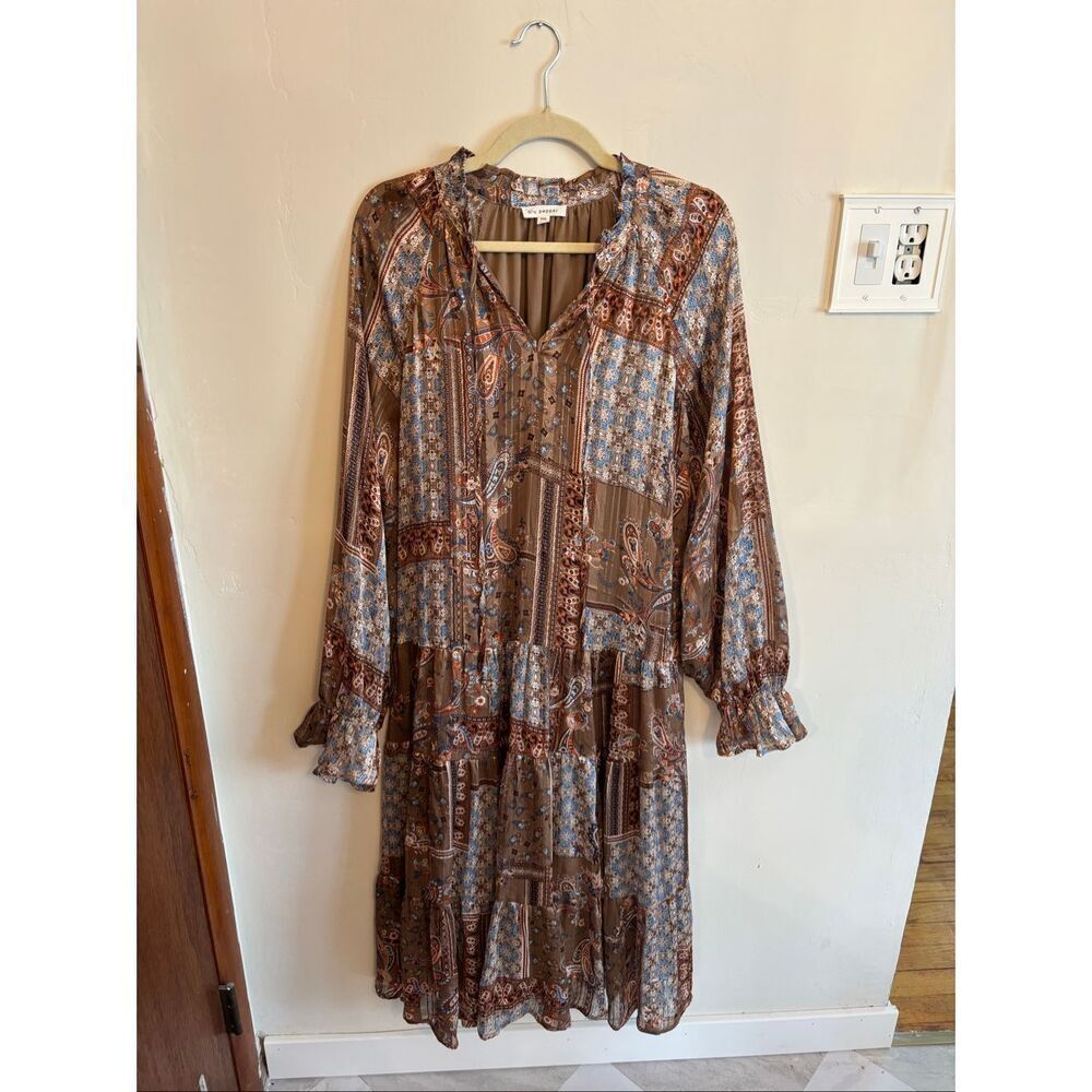 Blu Pepper Brown Patchwork Paisley Long Sleeved Peasant Maxi Dress XXL